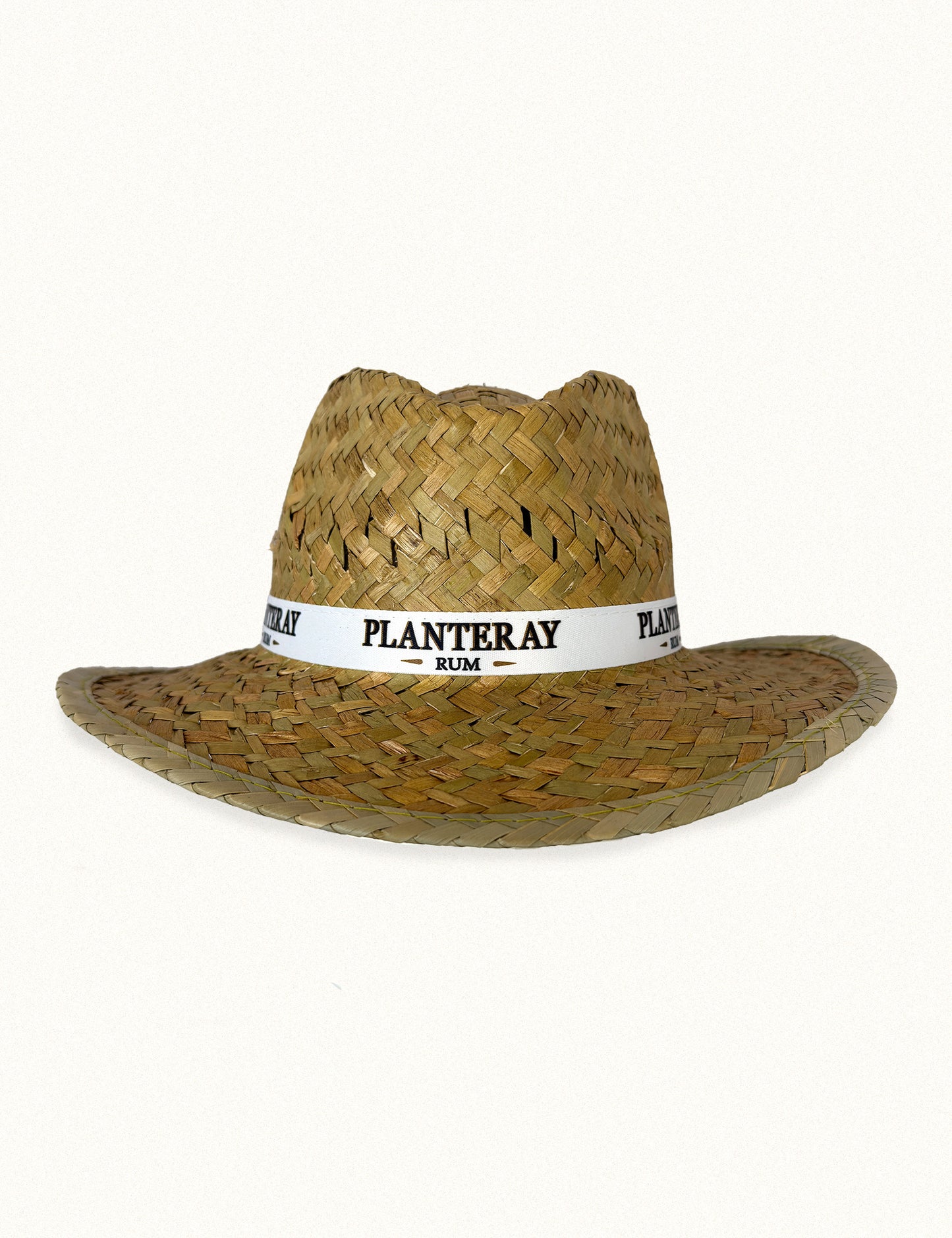 Strå hatt med logo Planteray Rum på ett band runt hatten avbildad framifrån